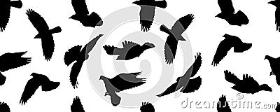 Seamless pattern of black flying birds on white background, isolated silhouettes. Vector illustration Vector Illustration