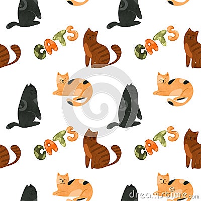 Seamless pattern of black and ginger cats Cartoon Illustration