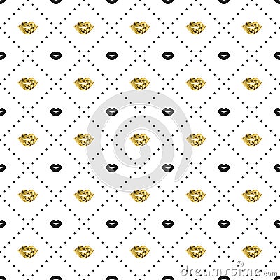 Seamless pattern with black and gold lips kiss shapes. Valentines day. Lipstick kiss. Vector illustration. Background. Vector Illustration
