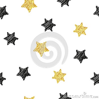 Seamless pattern with black and gold sparkling stars Vector Illustration