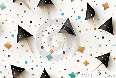 seamless pattern with black gold and turquoise stars and confetti on a white background Stock Photo