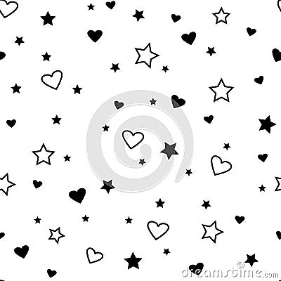 Seamless pattern with black hearts and stars. Vector illustration Cartoon Illustration