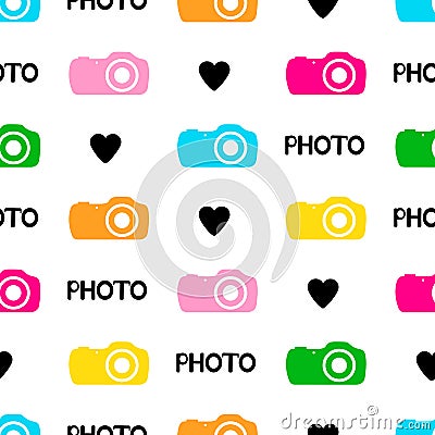 Seamless pattern with black hearts, words photo, colorful camera Vector Illustration