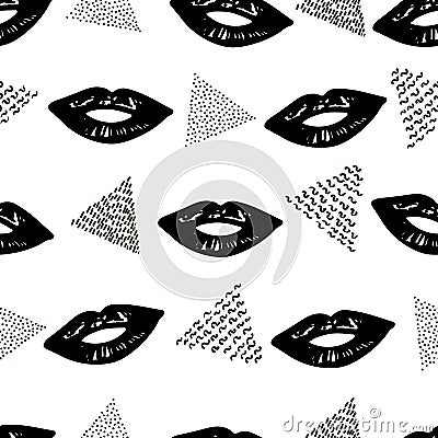 Seamless pattern with black lips and triangles Cartoon Illustration