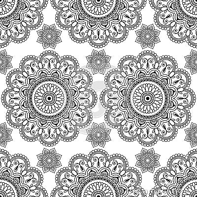 Seamless pattern with black mehndi floral henna lace buta decoration items in Indian style. Stock Photo