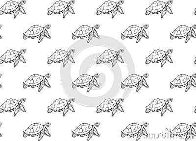 Seamless pattern of black outline hand-drawn stylized turtles with zentangle ornament on a white background. Reptile animals with Vector Illustration