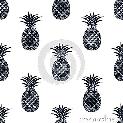 Seamless pattern of black pineapple silhouettes on a white background. Vector Illustration