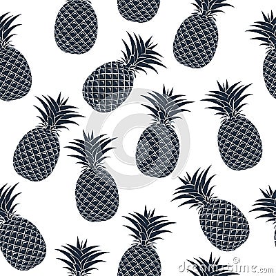 Seamless pattern of black pineapple silhouettes on a white background. Vector Illustration