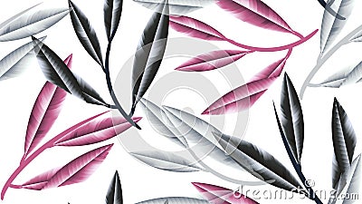 Seamless pattern, black, pink and white sharp leaves with branch on white background Vector Illustration