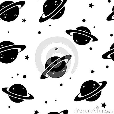 Seamless pattern with black planets and stars. Vector illustration Cartoon Illustration