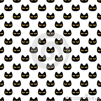 Seamless pattern with black scary Halloween Cat face with orange eyes. Background, design for fabric and decor Vector Illustration