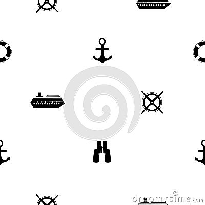 Seamless pattern with black ships, anchors, binoculars and wheel Vector Illustration