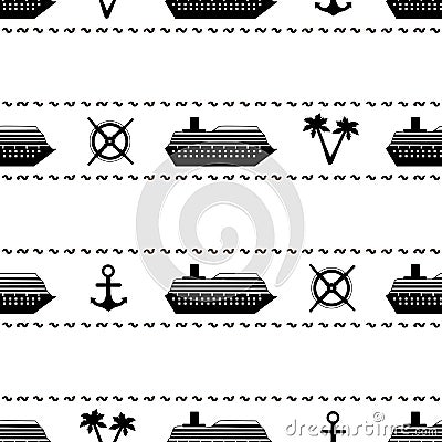 Seamless pattern with black ships, anchors, palm trees and wheel Cartoon Illustration