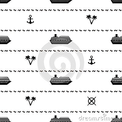 Seamless pattern with black ships, anchors, palm trees and wheel Vector Illustration