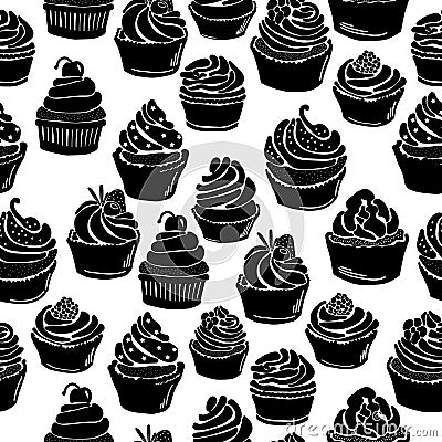 Seamless pattern with black silhouettes of cupcakes with various fillings and decorative details on a white background, festive Vector Illustration