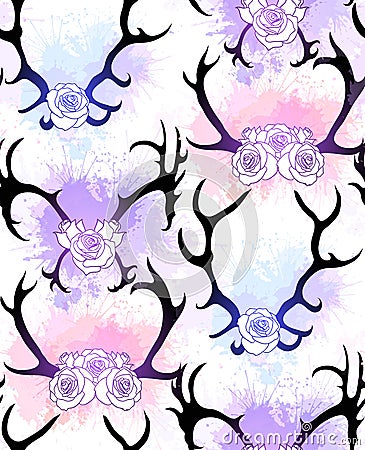 Seamless pattern with black silhouettes of deer and elk horns with flowers and gently watercolor splashes on white background. Vector Illustration