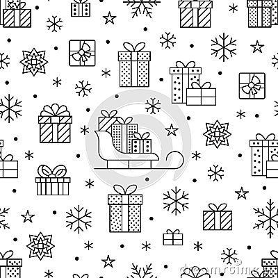 Seamless pattern with black snowflakes and presents on white background. Flat line gift boxes icons, cute repeat Vector Illustration