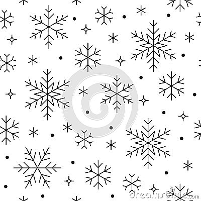 Seamless pattern with black snowflakes on white background. Flat line snowing icons, cute snow flakes repeat wallpaper Vector Illustration