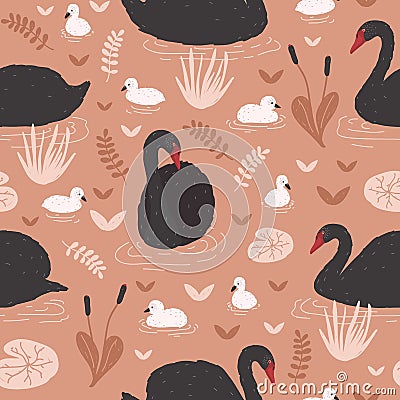 Seamless pattern with black swans and brood of cygnets floating in pond or lake among water lilies and reeds. Backdrop Vector Illustration