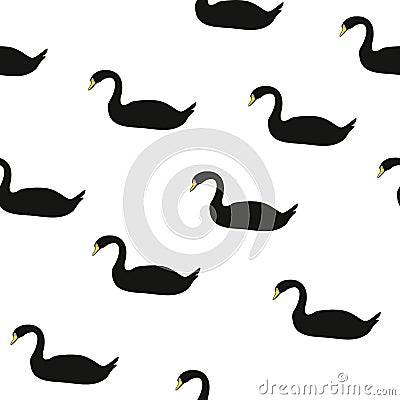 Seamless pattern black swans on white background. Cute water birds girls drawn texture, vector eps 10 Vector Illustration