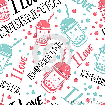 Seamless pattern black Tapioca pearls and lettering I love Bubble tea. Cartoon vector illustration of ute kawaii ball tapioca or Cartoon Illustration