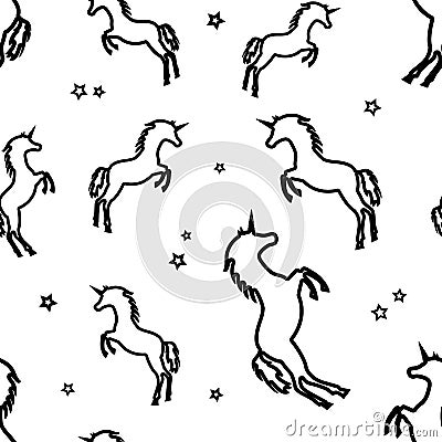 Seamless pattern with black unicorns and stars isolated on white background. Vector illustration Cartoon Illustration