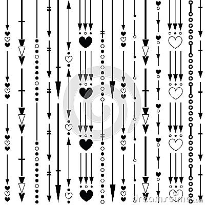 Seamless pattern of the black vertical arrows, hearts and circles Vector Illustration