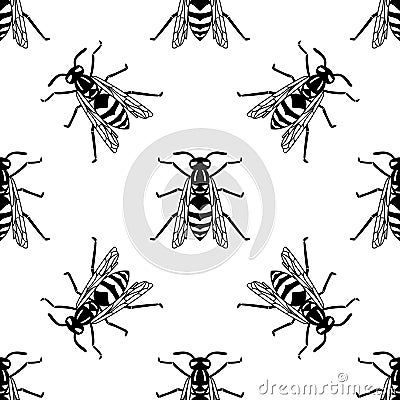 Seamless pattern of black wasp on yellow background Vector Illustration