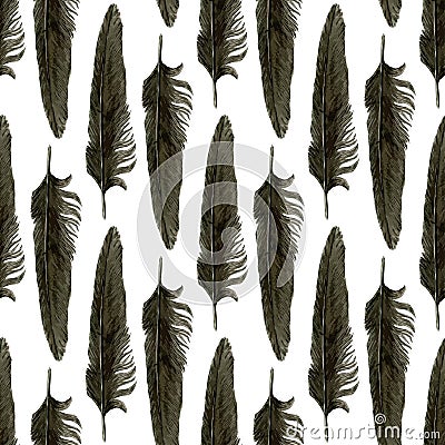 Seamless pattern with black watercolor feathers. Black feather of crow. Vector realistic illustration. Vector Illustration