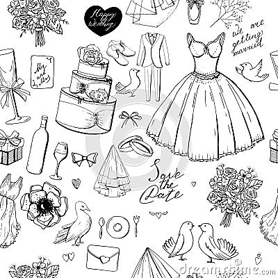 Seamless pattern with black wedding symbols.Endless texture with hand drawn objects Vector Illustration