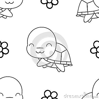 Seamless pattern, black and white cute hand drawn turtle doodle, coloring pages Vector Illustration