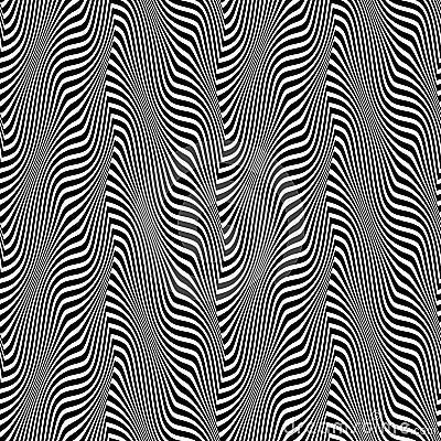 Seamless pattern of black white distorted stripes. Optical illusion vibrating repeatable texture of warped lines Vector Illustration