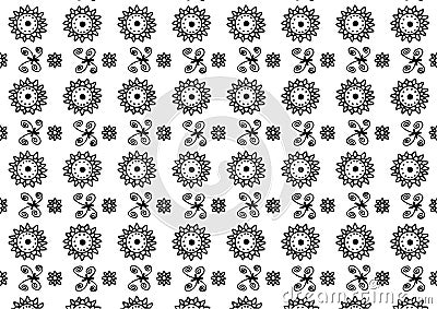 A seamless pattern of black and white flowers and swirls on a white background. The flowers are arranged in a circle Vector Illustration