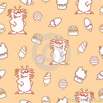 Seamless pattern with black and white funny doodle ghosts Vector Illustration