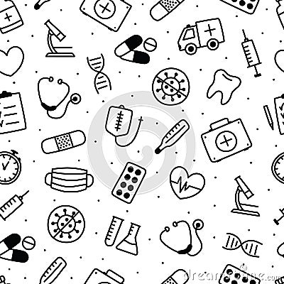 Seamless pattern with black and white health objects. Hand drawn style Vector Illustration