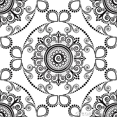 Seamless pattern with black and white mehndi lace of flower buta decoration items on white background. Vector Illustration