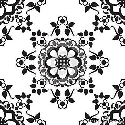 Seamless pattern with black and white mehndi lace of flower buta decoration items on white background. Vector Illustration