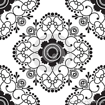 Seamless pattern with black and white mehndi lace of flower buta decoration items on white background. Vector Illustration