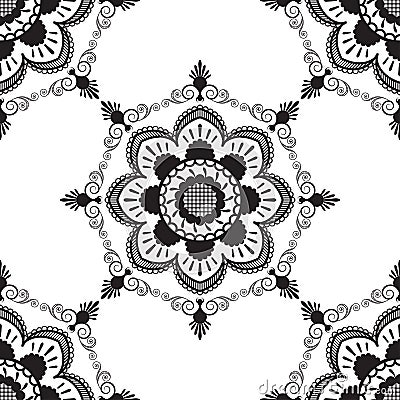 Seamless pattern with black and white mehndi lace of flower buta decoration items on white background. Vector Illustration