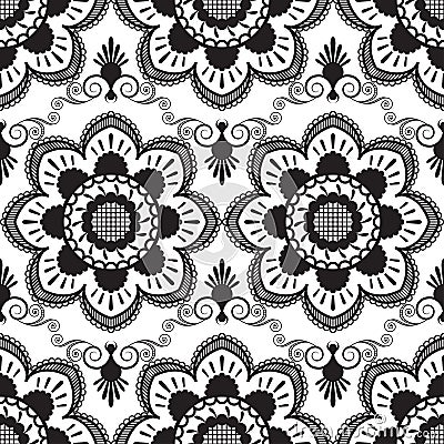 Seamless pattern with black and white mehndi lace of flower buta decoration items on white background. Vector Illustration