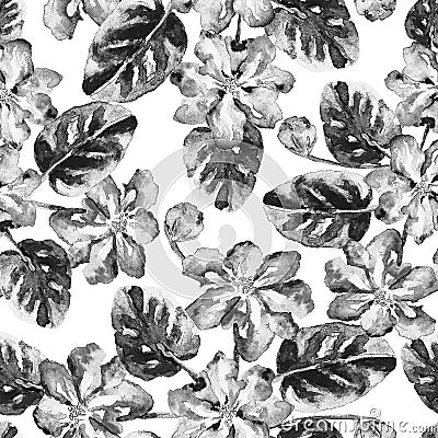 Seamless pattern with black and white watercolor flowers and leaves Cartoon Illustration