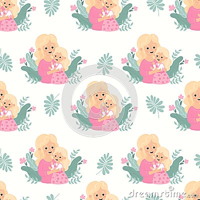 Seamless pattern with blonde woman mother with fair-haired daughter in pink on white background. Blonde Day, Mothers Day Vector Illustration