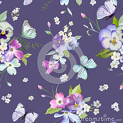 Seamless Pattern with Blooming Flowers and Flying Butterflies in Watercolor Style. Beauty in Nature. Background for Fabric Vector Illustration