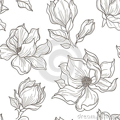Seamless pattern with blooming magnolia with leaves Vector Illustration