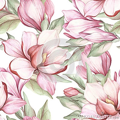 Seamless pattern with blooming magnolia. Watercolor illustration. Cartoon Illustration