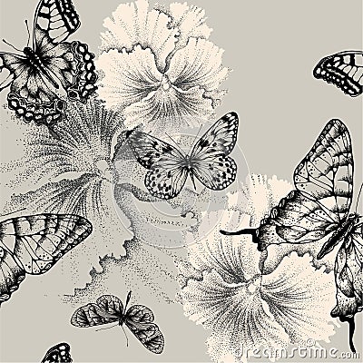 Seamless pattern with blooming pansies and butterf Vector Illustration