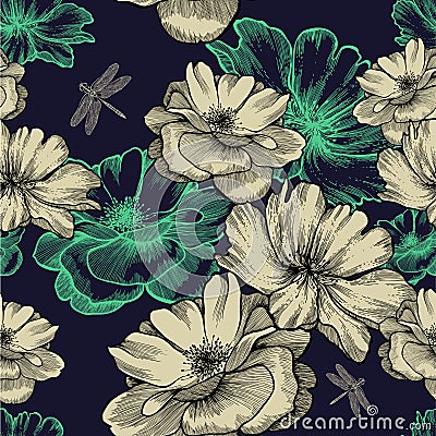 Seamless pattern with blooming wild roses and drag Vector Illustration