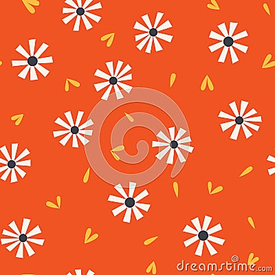 Seamless pattern with blossom daisies floral with yellow leaves and little hearts on orange background. Simple flowers and bright Vector Illustration