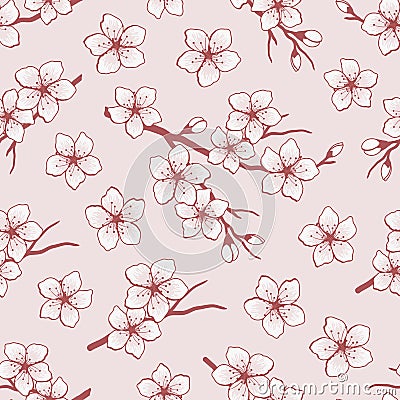 Seamless pattern with blossoming branches of cherry. Red silhouette of a cherry branch with white flowers on a pink background Vector Illustration