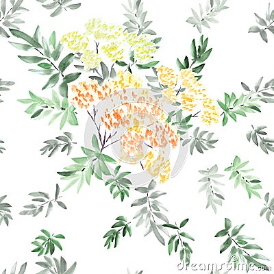 Seamless pattern of blossoming spring branch with orange yellow red flowers and green leaves isolated on white Stock Photo